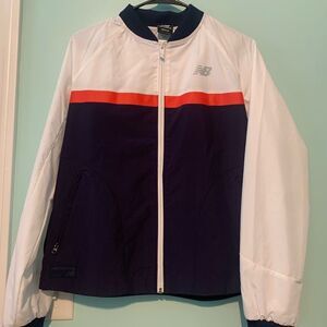 New Balance Size Medium White and Blue Bomber Jacket with Sporty Design